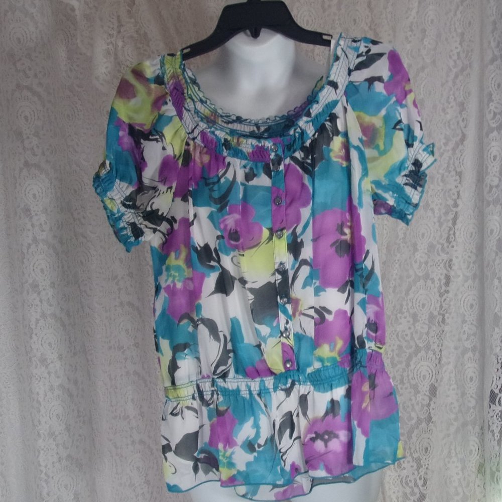 AGB 2 pcs Set Chiffon Turquoise Purple Yellow Print Blouse & Camisole NWOT